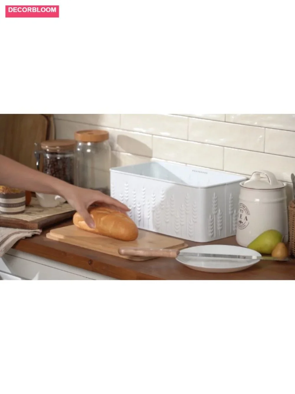 White Ear of Wheat Embossed Bread Box with Bamboo Lid